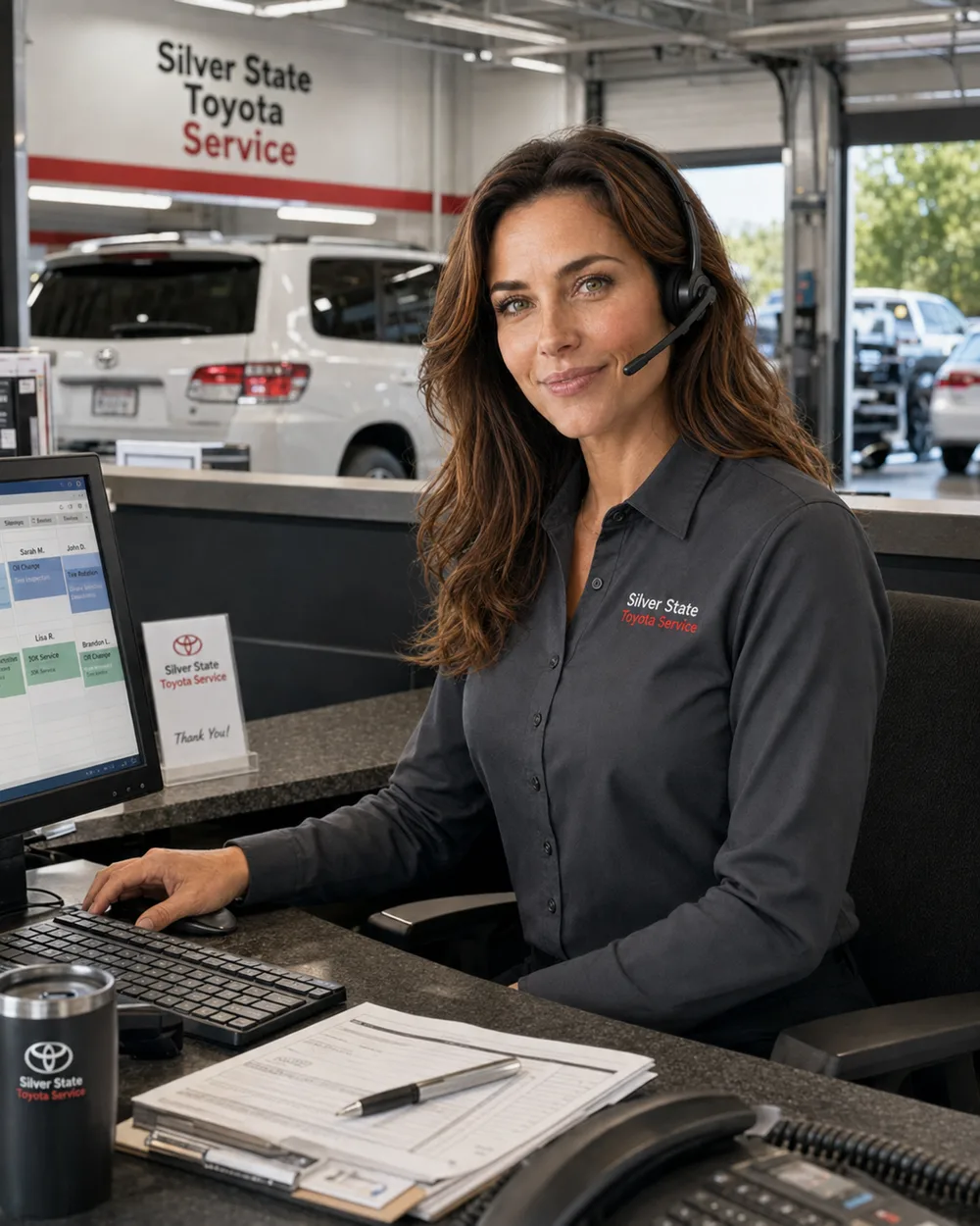 Nora, AI receptionist, at a dealership service reception counter