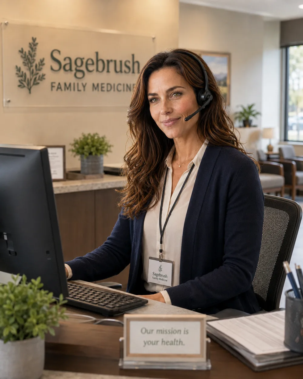 Nora, AI receptionist, at a medical office front desk